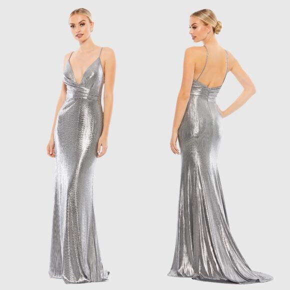 Ieena for Mac Duggal Plunging Surplice V-Neck Sleeveless Open Back Sheath Gown - Picture 1 of 8